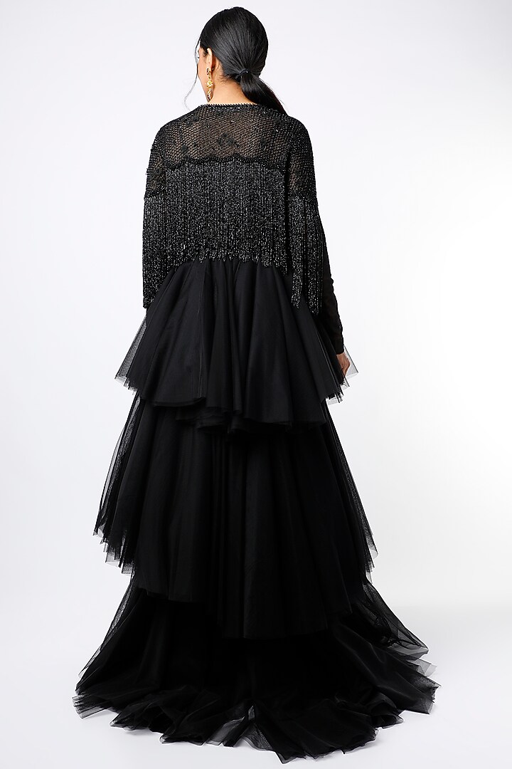 Black Tulle Capelet With Fringes by SHRIYA SOM at Pernia's Pop Up Shop