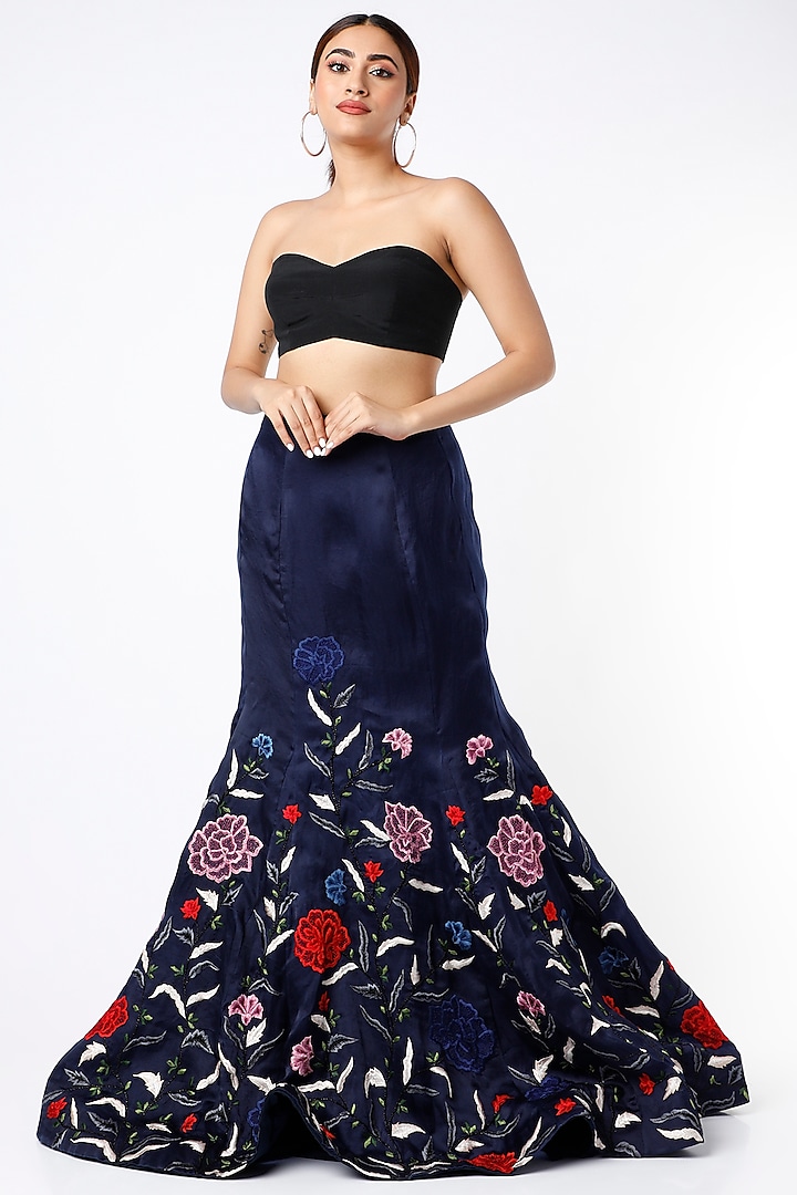 Navy Blue Floral Embroidered Fishtail Skirt by SHRIYA SOM