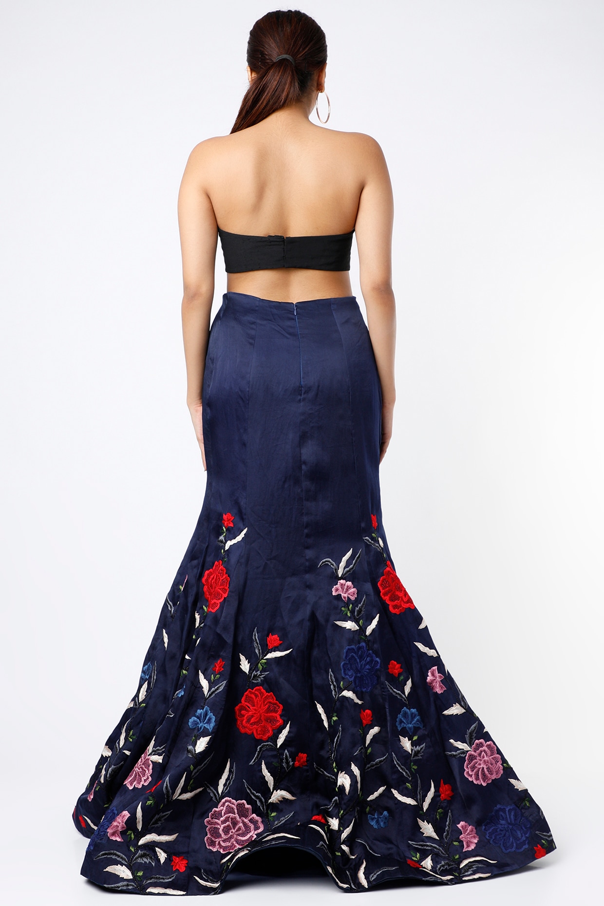 Navy Blue Organza Floral Embroidered Fishtail Skirt by SHRIYA SOM at Pernia s Pop Up Shop