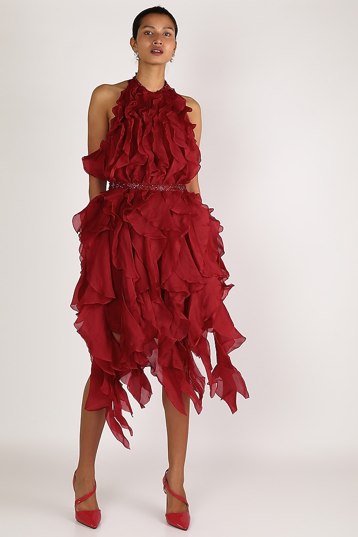 Maroon Halter Dress With Ruffles by Shriya Som at Pernia's Pop Up Shop