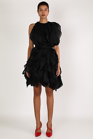 Black Ruffled Dress With Belt by Shriya Som