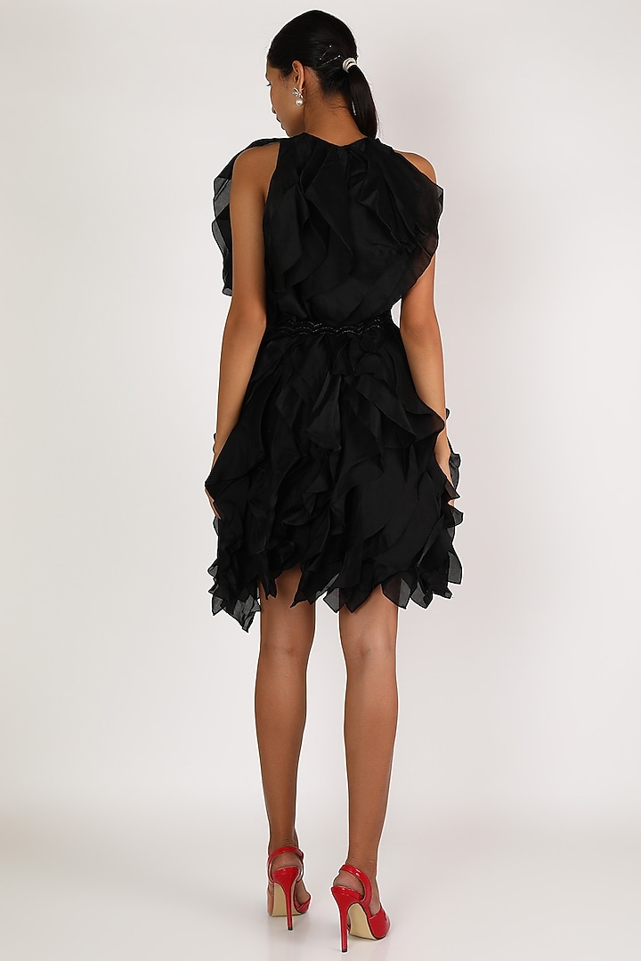 Black Ruffled Cocktail Dress With Belt by Shriya Som at Pernia's Pop Up Shop