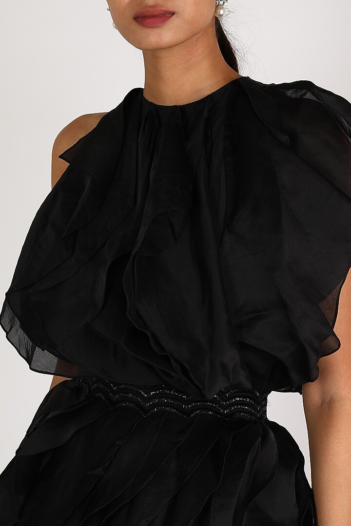 Black Ruffled Cocktail Dress With Belt by Shriya Som at Pernia's Pop Up Shop