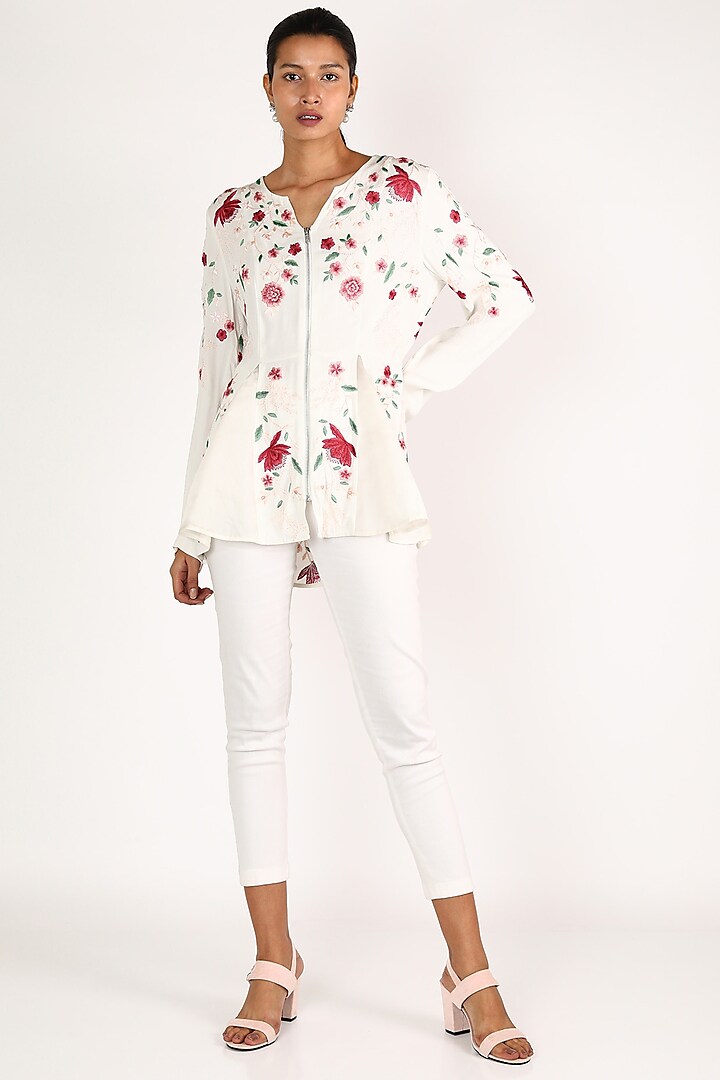 White Floral Embroidered Top With Zipper by Shriya Som