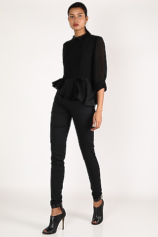 Black Asymmetric Peplum Top by Shriya Som