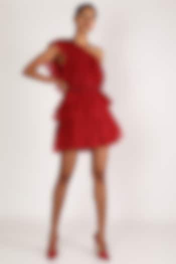 Red Ruffled Dress With Belt by Shriya Som