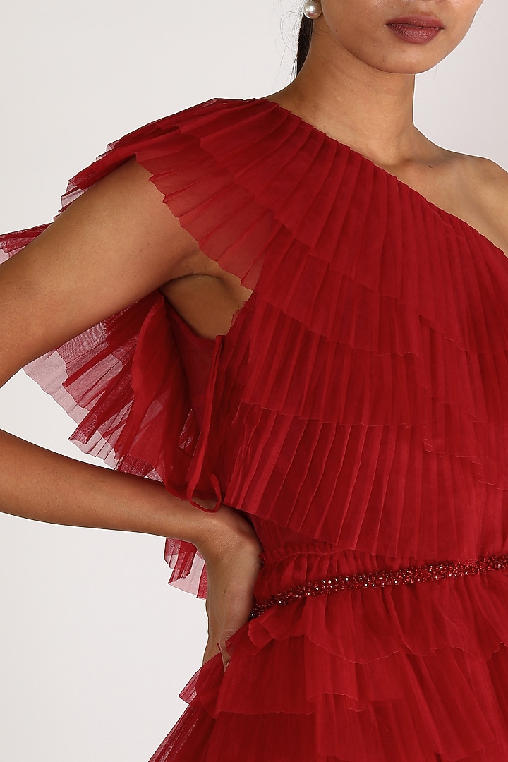 Red Ruffled Cocktail Dress With Belt by Shriya Som at Pernia's Pop Up Shop