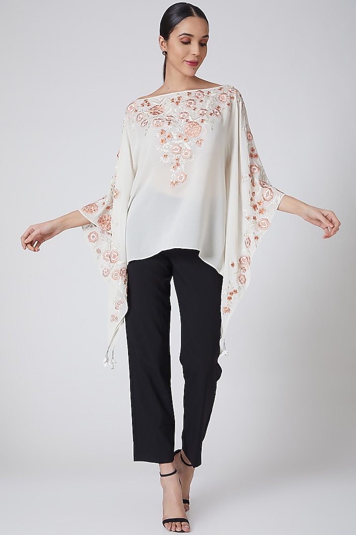 White Floral Embroidered Kaftan Top by SHRIYA SOM at Pernia's Pop Up Shop