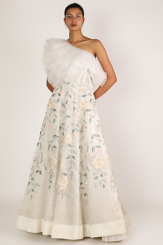 White Assymetric Pre-pleated Ruffled Top by SHRIYA SOM