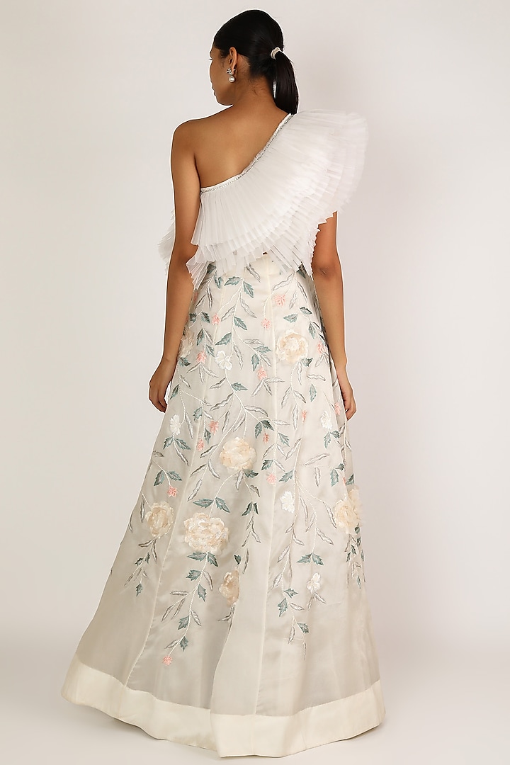 White Assymetric Pre-pleated Ruffled Top by SHRIYA SOM at Pernia's Pop Up Shop