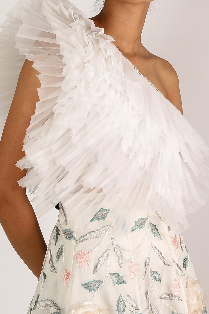 White Assymetric Pre-pleated Ruffled Top by SHRIYA SOM at Pernia's Pop Up Shop