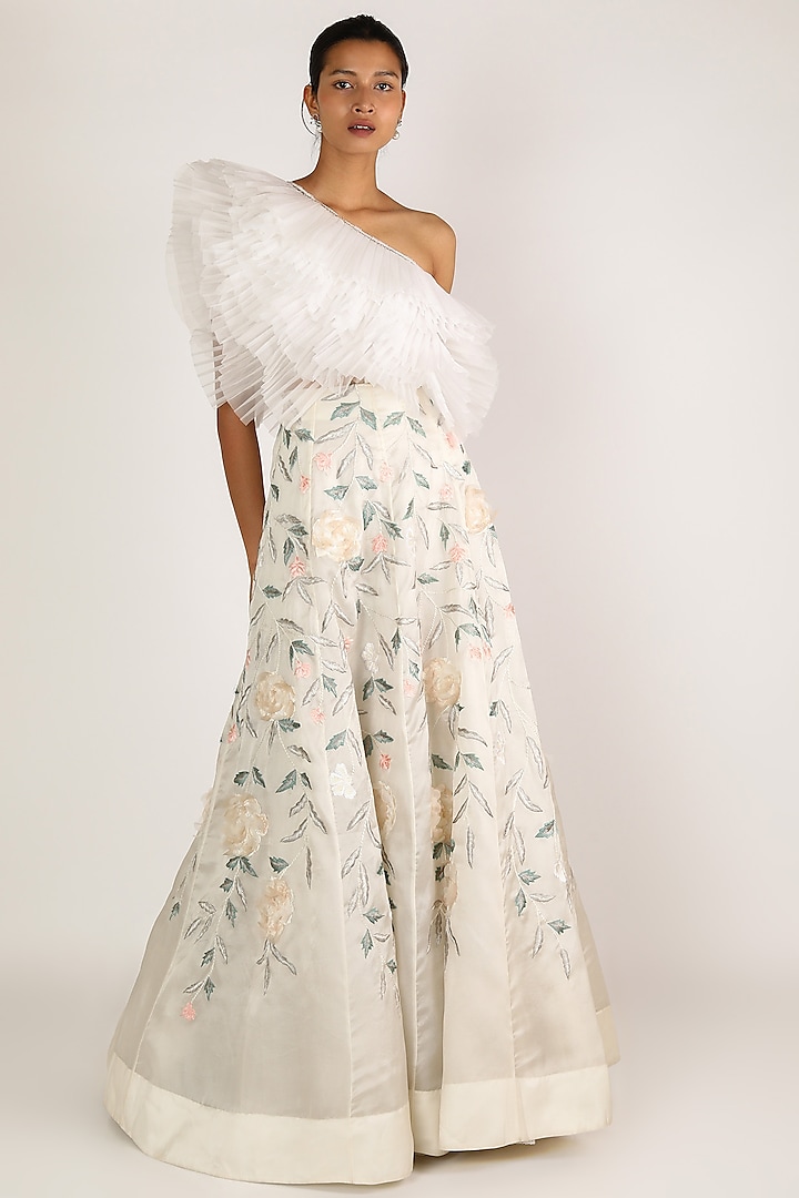 Ivory & Pastel Floral Embroidered Skirt by SHRIYA SOM