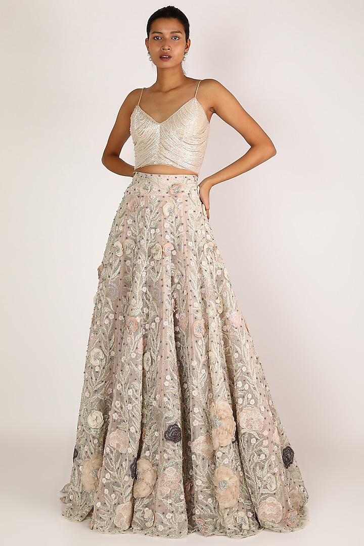 Nude Tulle Sequins Embroidered Maxi Skirt by SHRIYA SOM at Pernia's Pop Up Shop