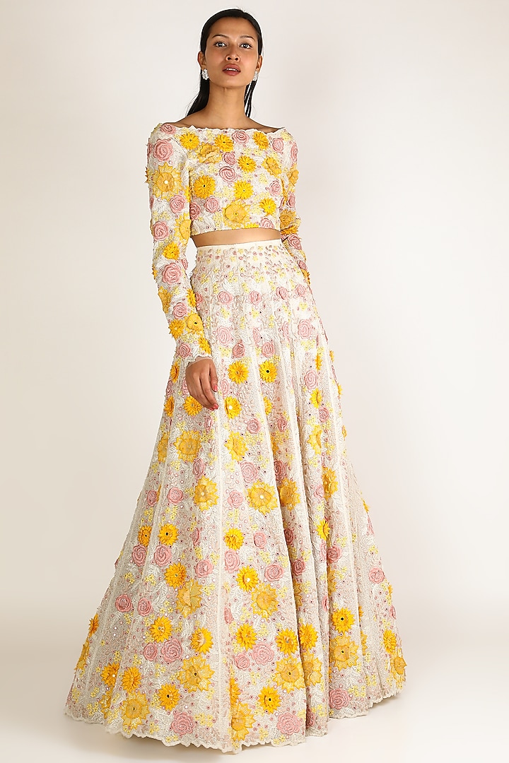 Yellow Floral Embroidered Skirt by SHRIYA SOM