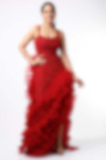 Red Ruffled Asymmetrical Gown by SHRIYA SOM
