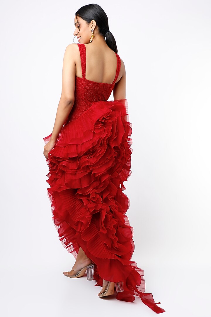 Red Ruffled Asymmetrical Gown by SHRIYA SOM at Pernia's Pop Up Shop