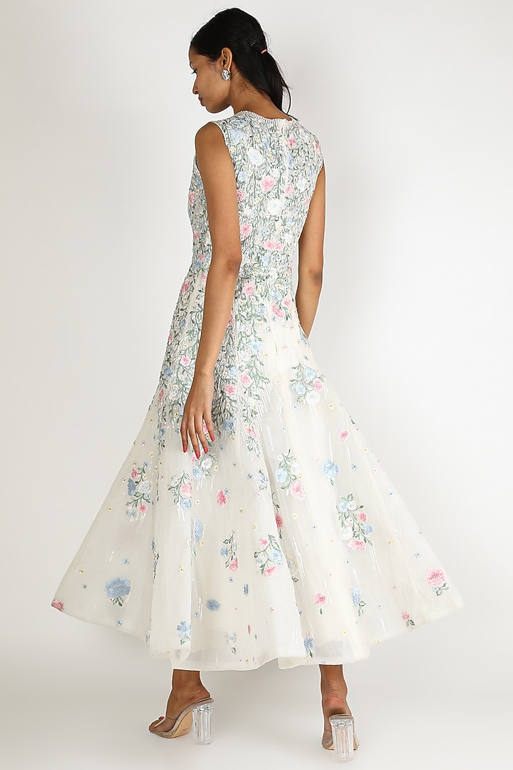 Ivory Tulle Floral Sequins Embroidered Maxi Party Wear Dress by SHRIYA SOM at Pernia's Pop Up Shop