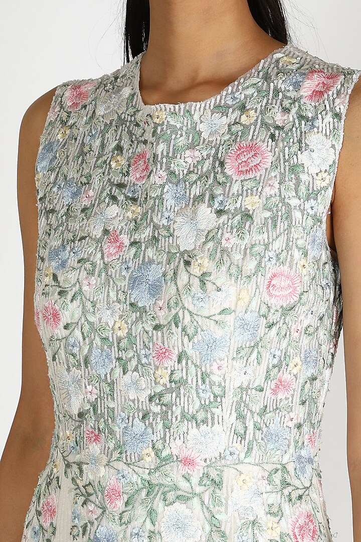 Ivory Tulle Floral Sequins Embroidered Maxi Party Wear Dress by SHRIYA SOM at Pernia's Pop Up Shop