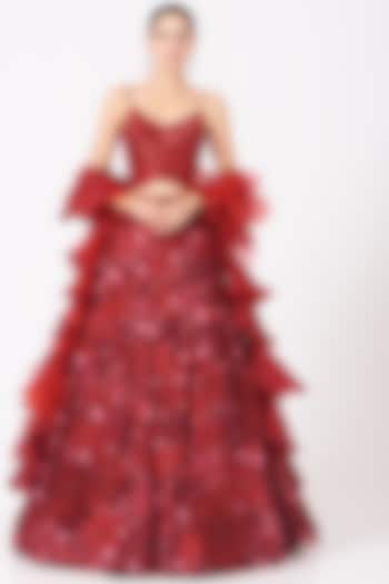 Red 3D Floral Embroidered Skirt by SHRIYA SOM