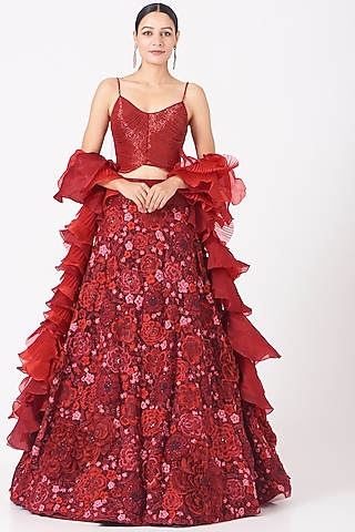 Red 3D Floral Embroidered Skirt by SHRIYA SOM