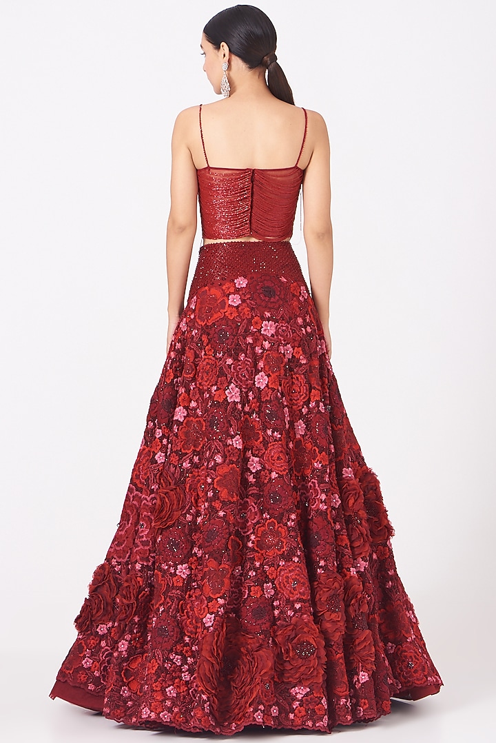 Red 3D Floral Embroidered Skirt by SHRIYA SOM at Pernia's Pop Up Shop
