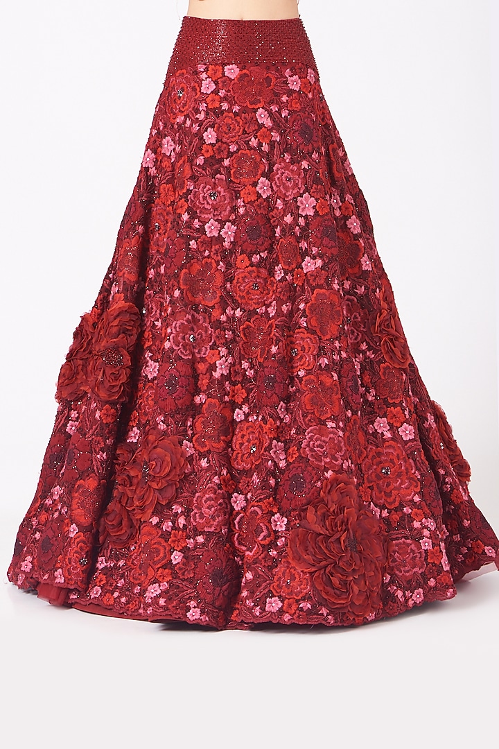 Red 3D Floral Embroidered Skirt by SHRIYA SOM at Pernia's Pop Up Shop