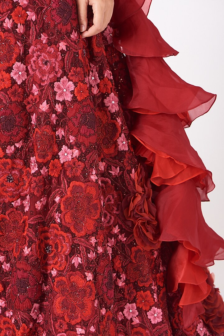 Red 3D Floral Embroidered Skirt by SHRIYA SOM at Pernia's Pop Up Shop