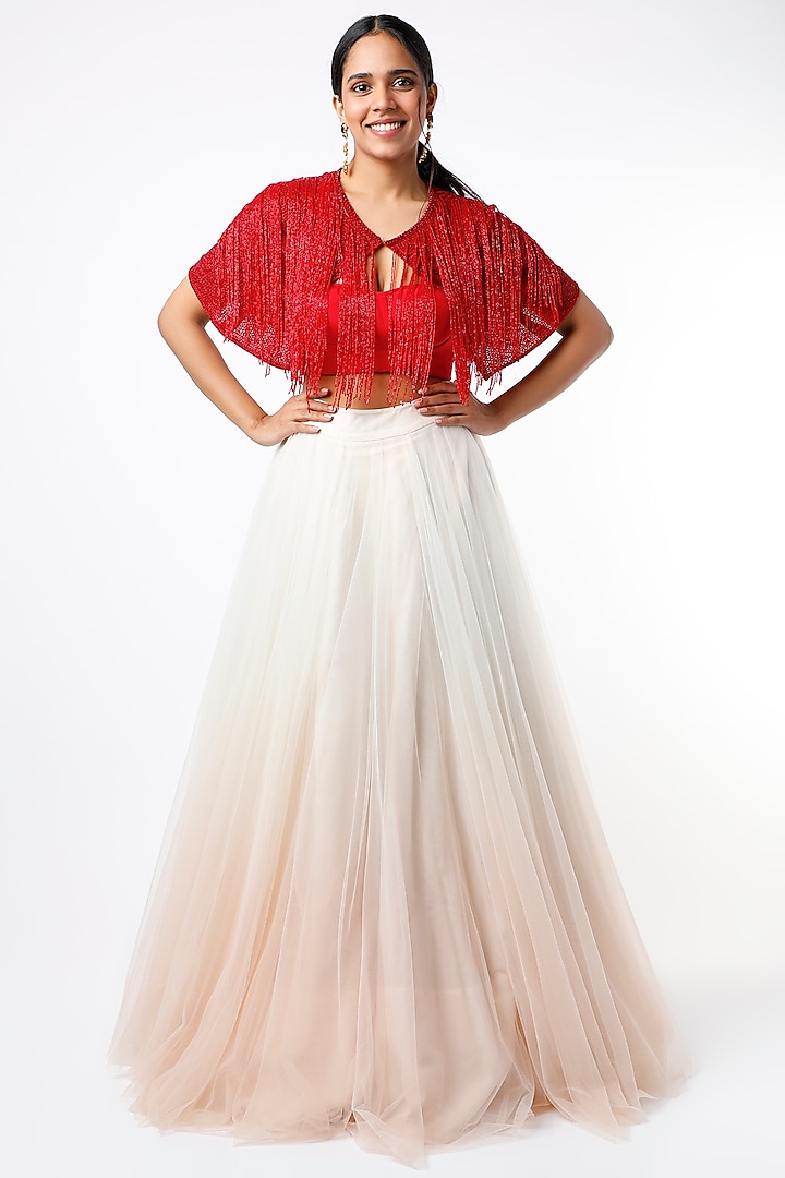 Red Tulle Capelet With Fringes by SHRIYA SOM