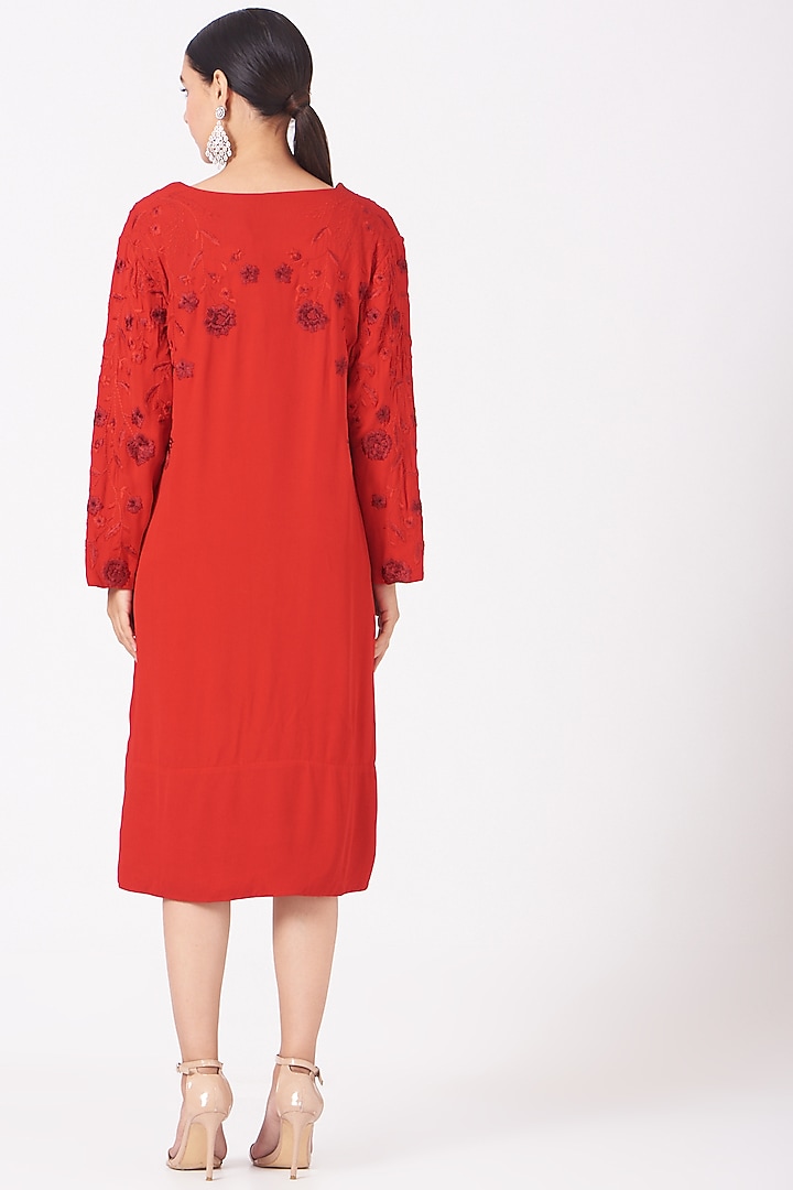 Red Floral Embroidered High-Low Vacation Dress by SHRIYA SOM at Pernia's Pop Up Shop