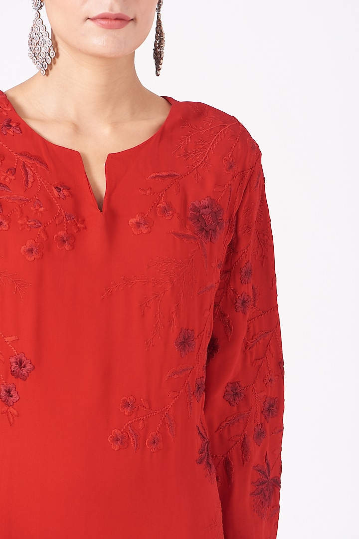 Red Floral Embroidered High-Low Vacation Dress by SHRIYA SOM at Pernia's Pop Up Shop