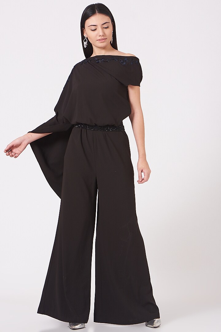 Black Floral Embroidered Jumpsuit by SHRIYA SOM at Pernia's Pop Up Shop