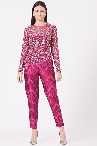 Fuchsia Floral Embroidered Jumpsuit by SHRIYA SOM