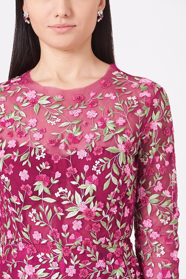 Fuchsia Floral Embroidered Jumpsuit by SHRIYA SOM at Pernia's Pop Up Shop