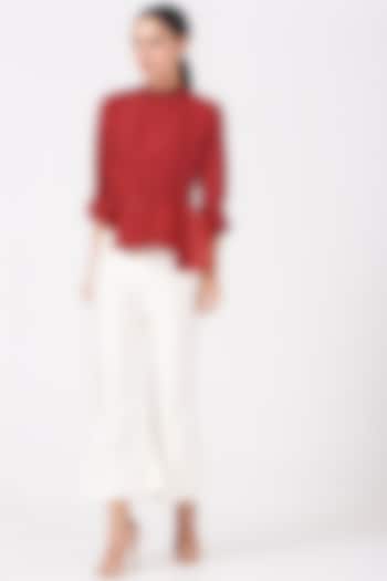 Red Floral Embroidered Asymmetrical Peplum Top by SHRIYA SOM at Pernia's Pop Up Shop