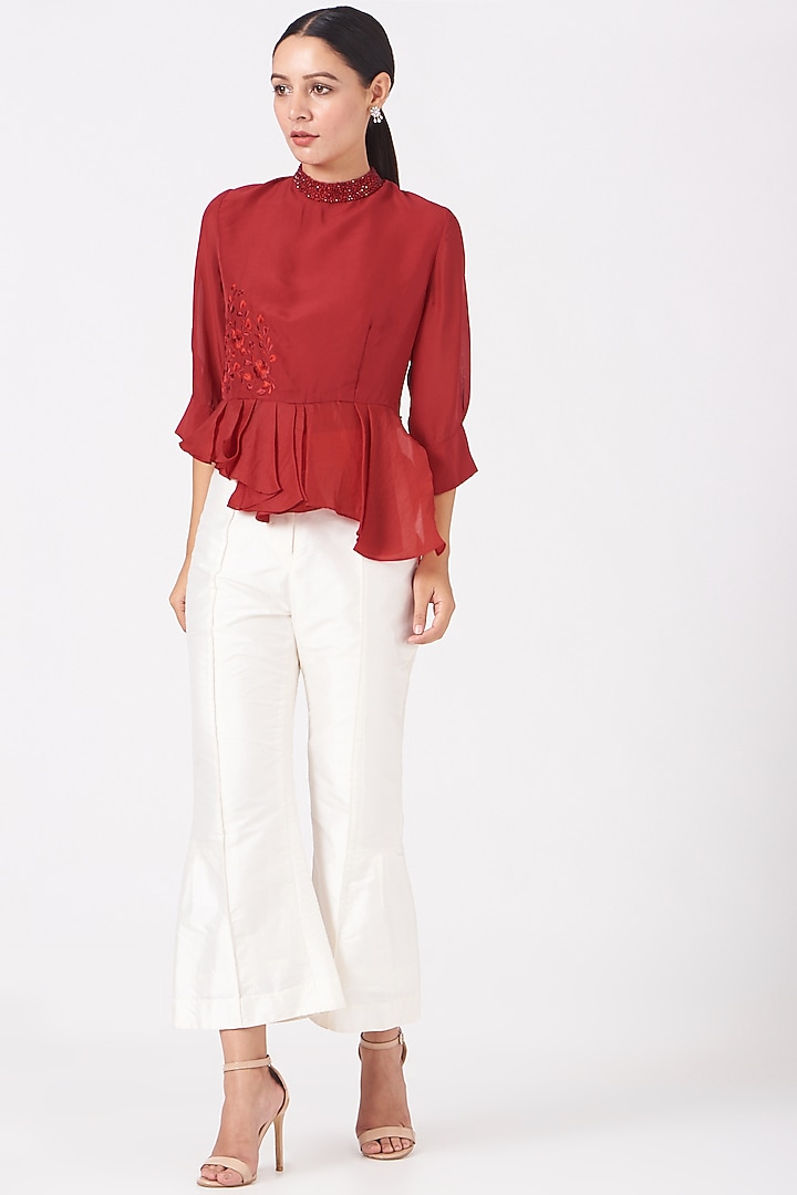 Red Floral Embroidered Asymmetrical Peplum Top by SHRIYA SOM at Pernia's Pop Up Shop