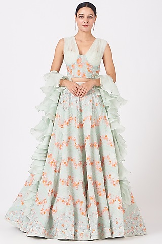 Mint Green Floral Embroidered Blouse by SHRIYA SOM