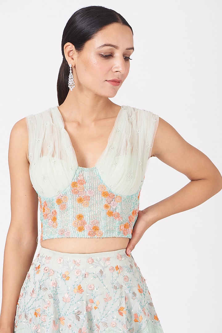 Mint Green Floral Embroidered Blouse by SHRIYA SOM at Pernia's Pop Up Shop