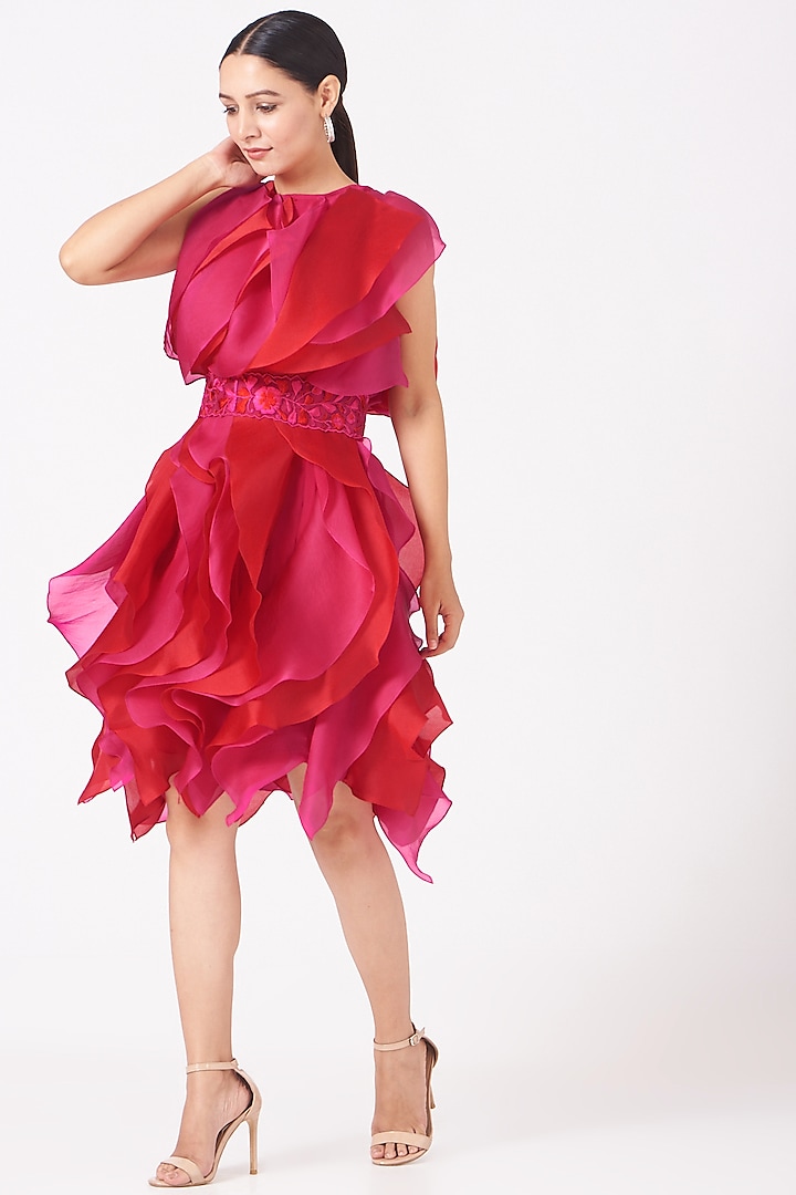Red & Fuschia Two Toned Organza Ruffled Dress
 by SHRIYA SOM