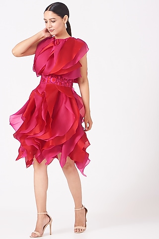 Red & Fuschia Two Toned Organza Ruffled Dress
 by SHRIYA SOM