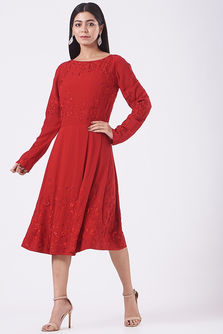 Red Floral Embroidered Dress by SHRIYA SOM