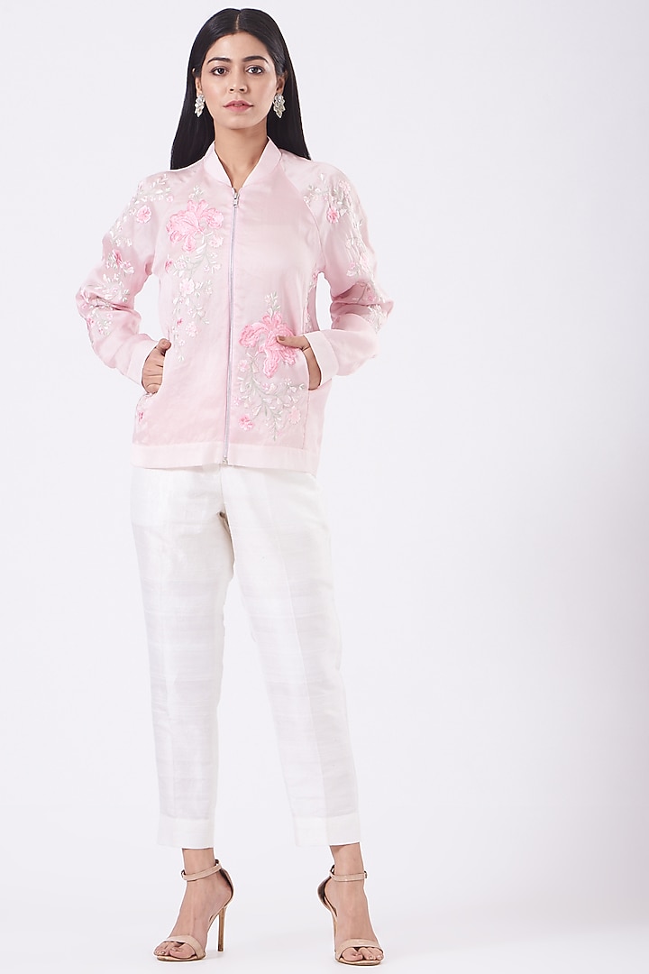 Light Pink Embroidered Bomber Jacket by SHRIYA SOM at Pernia's Pop Up Shop