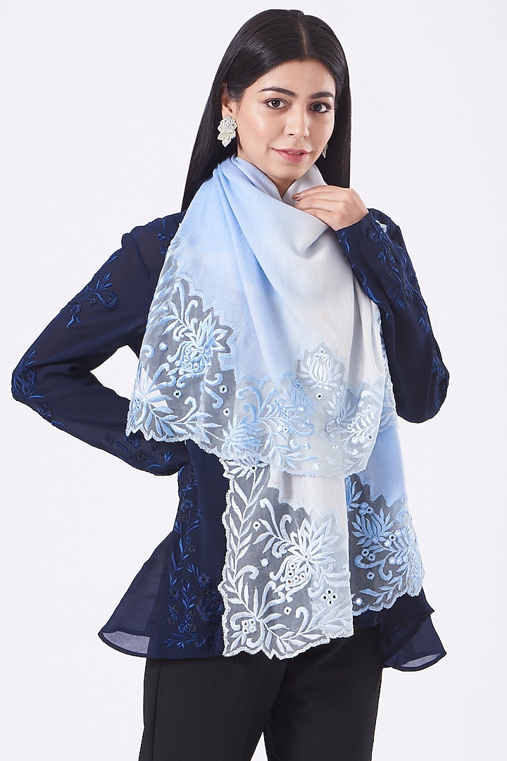 Sky Blue Floral Embroidered Shawl by SHRIYA SOM