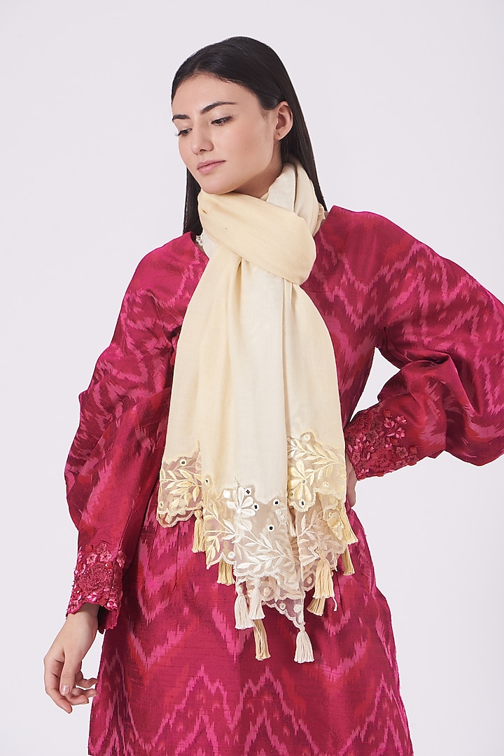 Pale Yellow Floral Embroidered Shawl by SHRIYA SOM