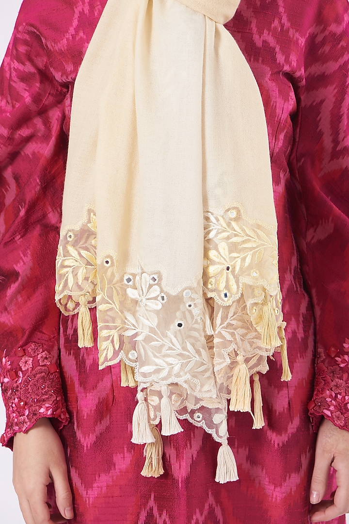 Pale Yellow Floral Embroidered Shawl by SHRIYA SOM at Pernia's Pop Up Shop