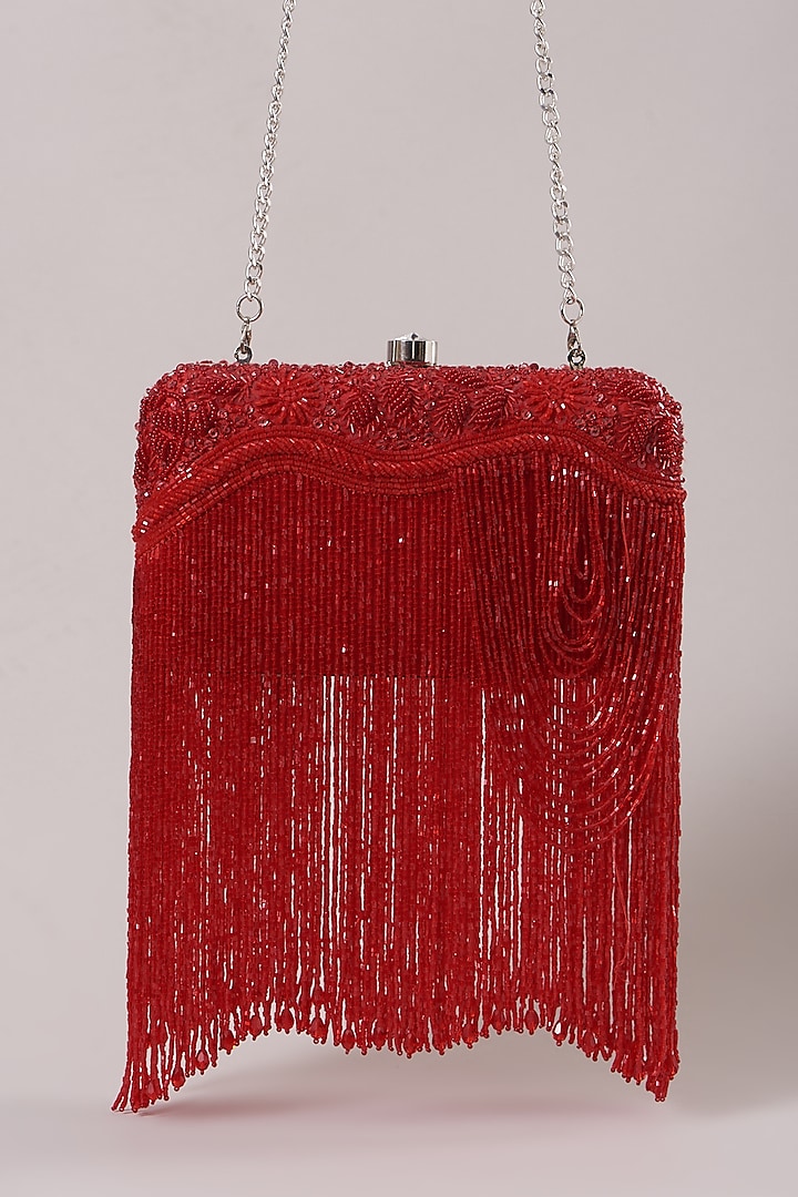 Red Beaded Clutch With Metallic Chain by SHRIYA SOM at Pernia's Pop Up Shop