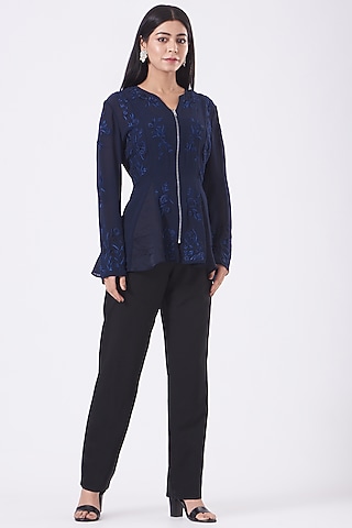 Navy Embroidered Godet Top by SHRIYA SOM