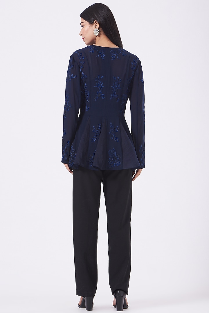 Navy Embroidered Godet Top by SHRIYA SOM at Pernia's Pop Up Shop