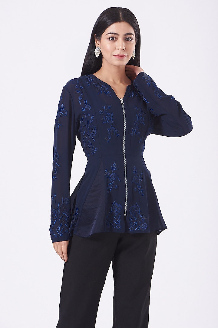 Navy Embroidered Godet Top by SHRIYA SOM at Pernia's Pop Up Shop