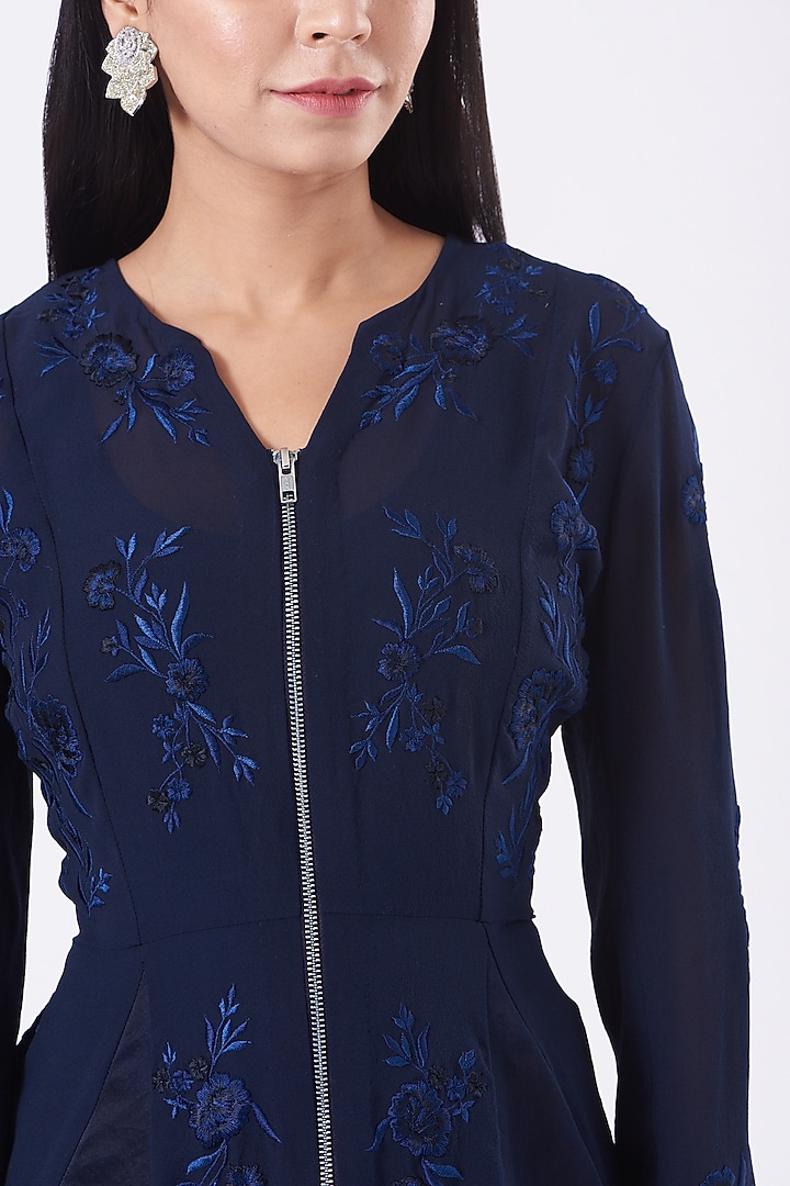 Navy Embroidered Godet Top by SHRIYA SOM at Pernia's Pop Up Shop