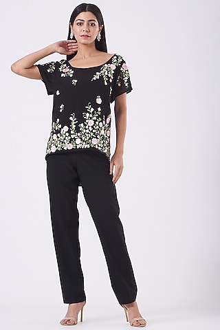 Black Floral Embroidered Top by SHRIYA SOM